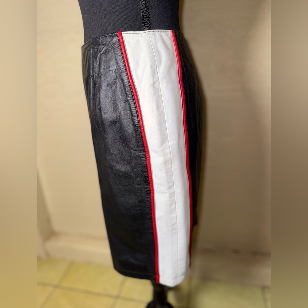 Vintage‎ CHIA Black Leather Pencil Skirt Biker Racing Stripe Y2K Size 10 - Picture 2 of 11